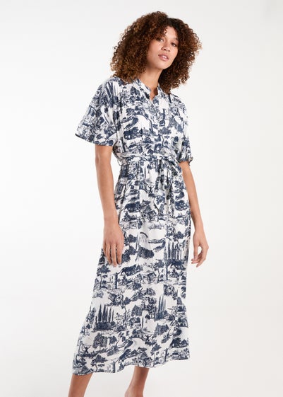 Blue Vanilla Navy Porcelain Printed Belted Shirt Dress