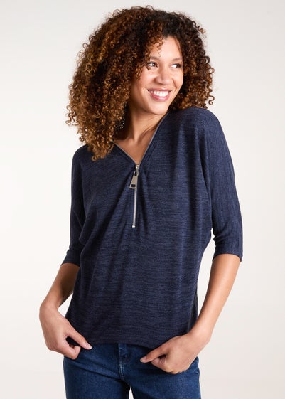 Blue Vanilla Navy Metallic Zip Front Top