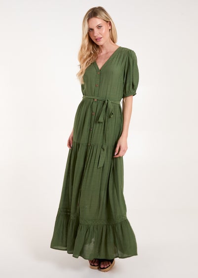 Blue Vanilla Khaki Button Through Tie Maxi Dress