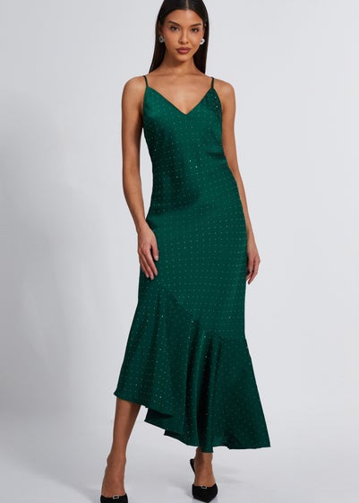 Quiz Green Satin Asymmetric Midaxi Dress