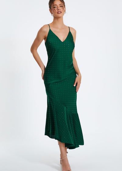 Quiz Green Satin Asymmetric Midaxi Dress