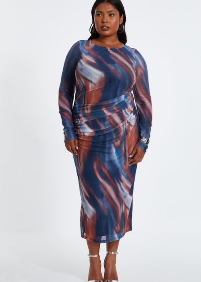 Quiz Blue Curve Marble Print Midaxi Dress