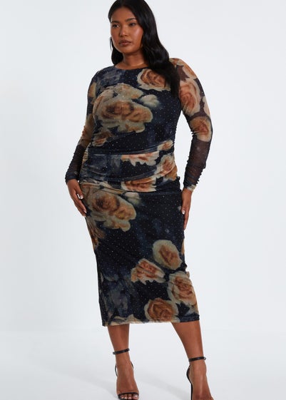 Quiz Black Curve Floral Mesh Midaxi Dress