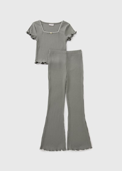 Girls Grey Ribbed Top & Flare Leggings (7-15yrs)