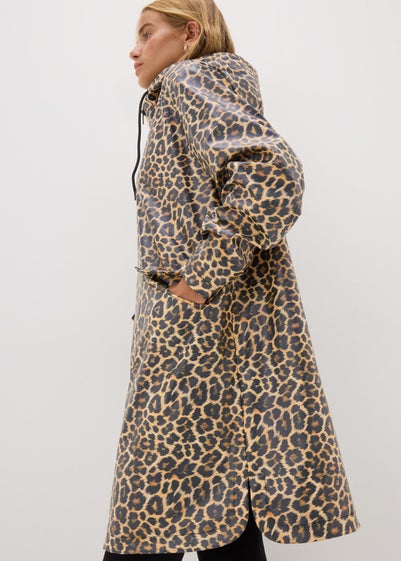 Brown Animal Print Rubberised Showerproof Parka Coat