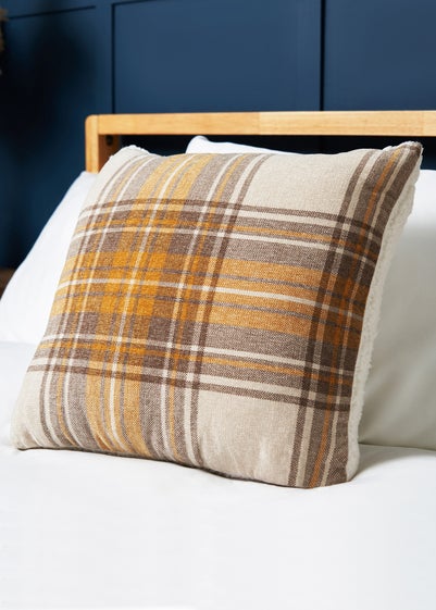 BHS Luxury Warm Ochre Check Cushion with Faux-Shearling (40x40cm)