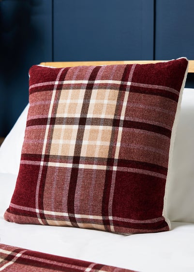 BHS Luxury Warm Red Check Cushion With Faux-Shearling (40x40cm)