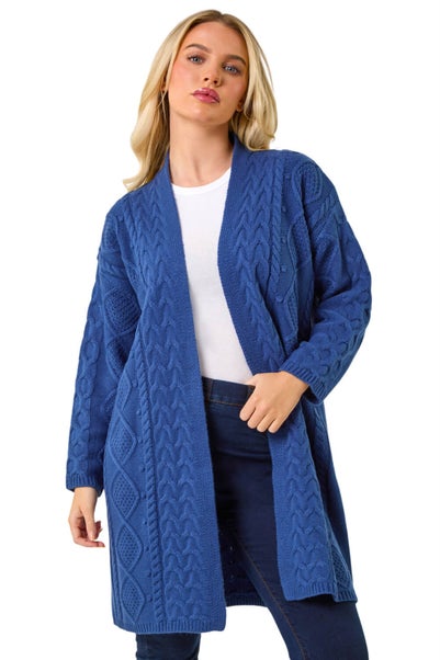 Roman Blue Petite Longline Cable Knit Cardigan