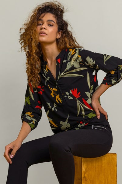 Roman Black Floral Print Notch Neck Top