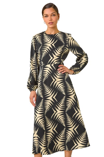 Roman Beige Geometric Print Midi Dress