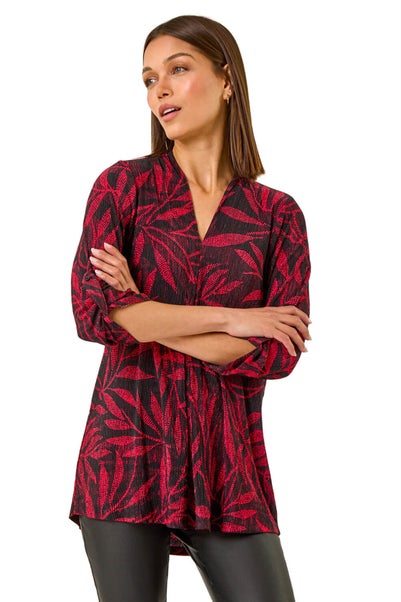 Roman Red Leaf Print Pleated Top