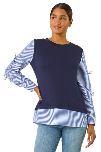 Roman Navy Stripe Bow Sleeve Stretch Top