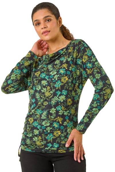 Roman Green Ruched Floral Cowl Neck Top