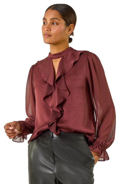 Roman Chocolate Ruffle Front Keyhole Satin Top