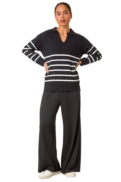 Roman Black Petite Stripe Collared Knit Jumper