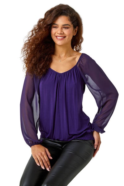 Roman Purple Chiffon Sleeve Bubble Hem Stretch Top