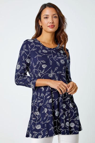 Roman Navy  Floral Print Pocket Swing Stretch Top