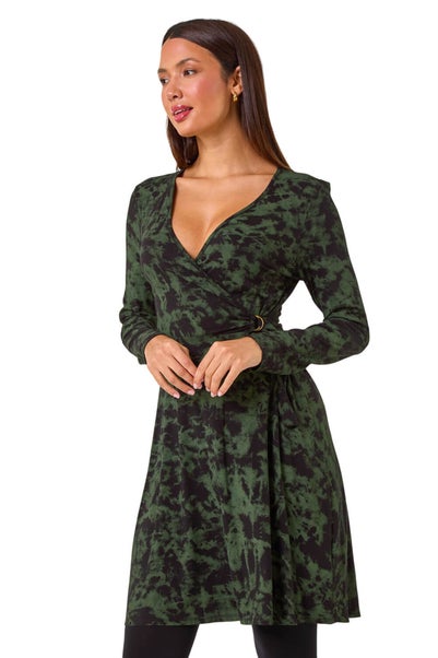 Roman Green Tie Dye Wrap Detail Stretch Dress