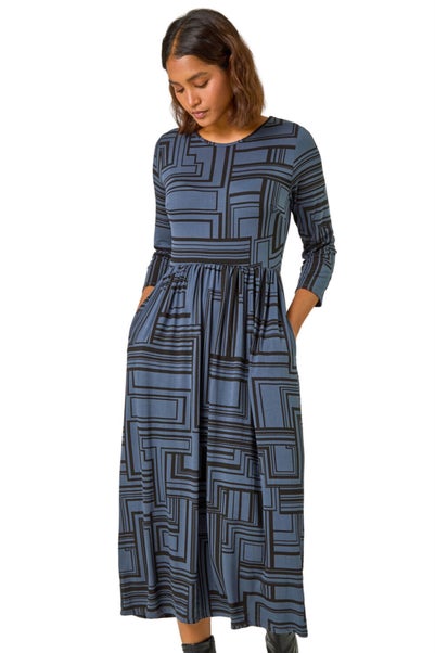 Roman Grey Linear Print Pocket Stretch Midi Dress