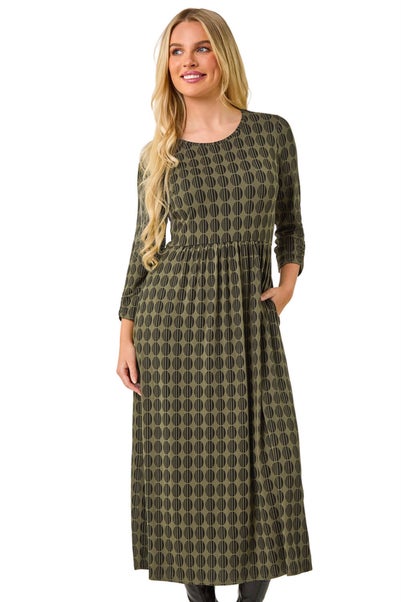 Roman Khaki Petite Geometric Spot Midi Dress