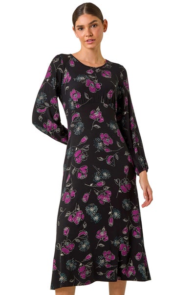 Roman Purple Floral Empire Waist Midi Dress