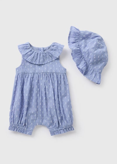 Baby Blue Dobby Romper & Hat Set (Newborn-23mths)