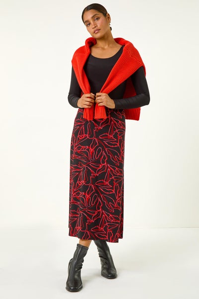 Roman Red Leaf Print Stretch A Line Midi Skirt