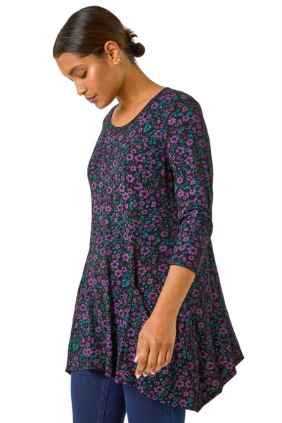 Roman Purple Ditsy Floral Stretch Tunic Top