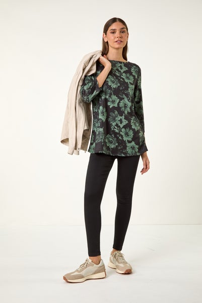 Roman Green Floral Print Stretch Tunic Top