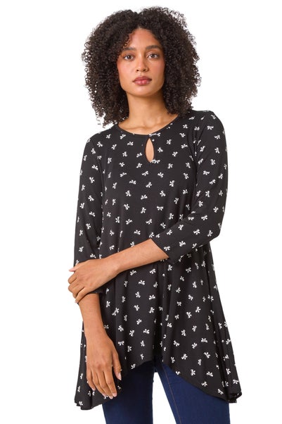 Roman Black Bow Print Cutout Tunic Top