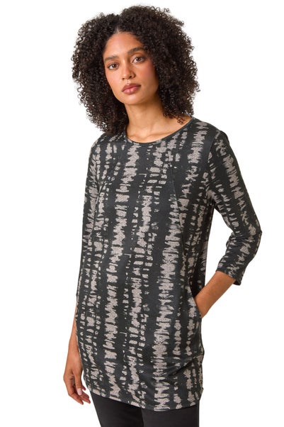 Roman Charcoal Abstract Print Tunic Pocket Stretch Top