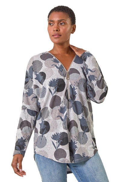 Roman Grey Spot Print V-Neck Zip Front Stretch Top