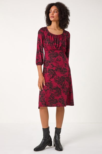 Roman Wine Floral Print Stretch Jersey Dress