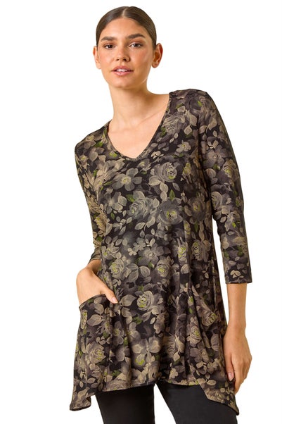 Roman Brown Stretch Floral Print Pocket Tunic