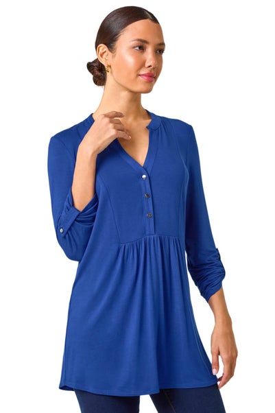 Roman Blue V-Neck Button Detail Tunic Top