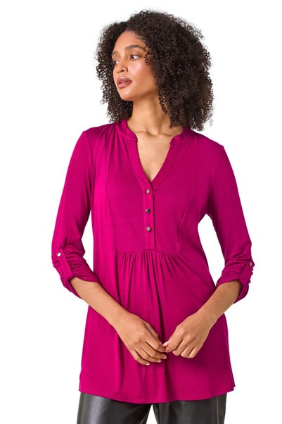 Roman Pink V-Neck Button Detail Tunic Top