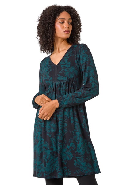 Roman Dark Green Floral Contrast Trim Stretch Dress