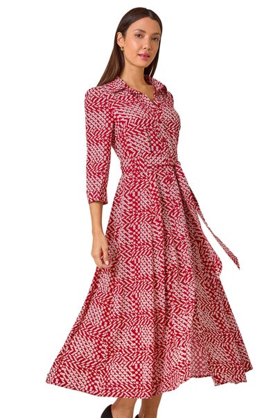 Roman Red Geometric Print Tie Waist Midi Shirt Dress