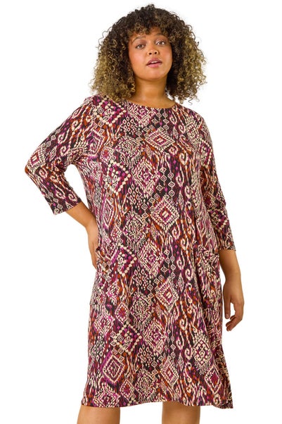 Roman Brown Curve Aztec Print Pocket Swing Dress