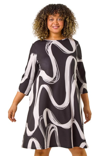 Roman Black Curve Brush Print Stretch Swing Dress