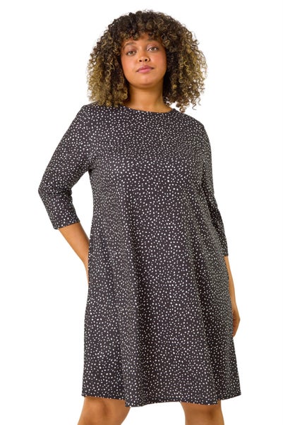 Roman Black Curve Spot Print Stretch Swing Dress