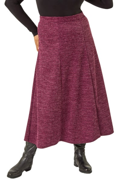 Roman Burgundy Curve Check Stretch Midi Skirt