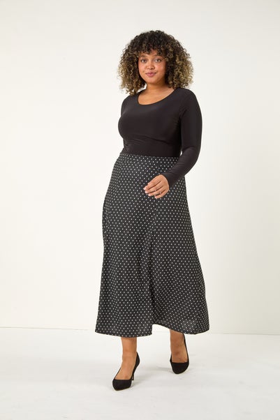 Roman Dark Grey Curve Spot Print Stretch Midi Skirt