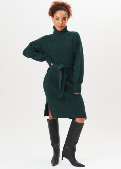 Gini London Green Roll Neck Oversized Knit Jumper Dress