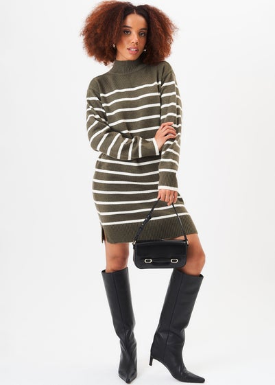 Gini London Khaki High Neck Stripe Oversized Tunic Dress