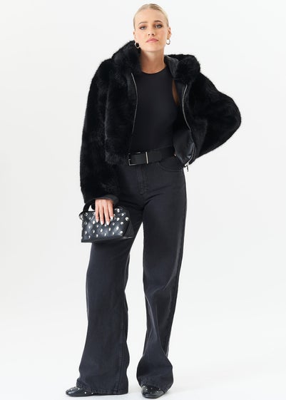 Gini London Black Zip Front Cropped Faux Fur Jacket