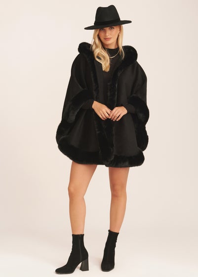 Gini London Black Soft Fur Trim Hooded Oversized Cape