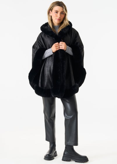 Gini London Black Faux Fur Trim Poncho Cape