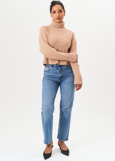 Gini London Camel High Neck Chunky Knit Crop Jumper