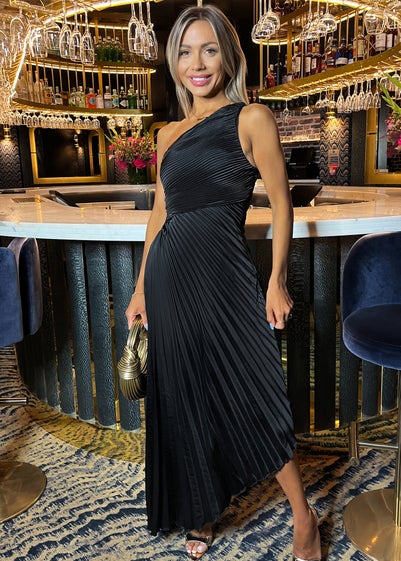 AX Paris Black One Shoulder Pleated Satin Midi Dress